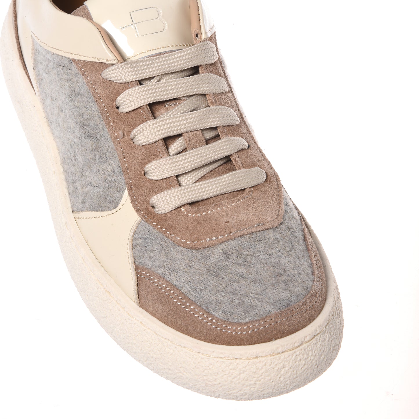 Beige suede and gray wool fabric sneakers