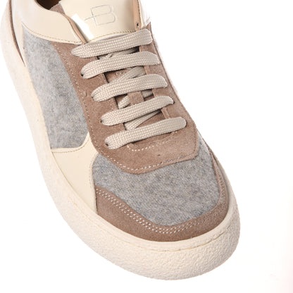 Beige suede and gray wool fabric sneakers