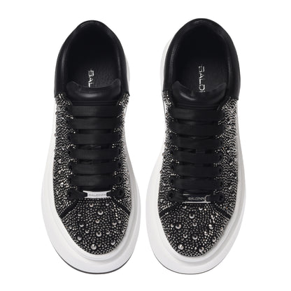 Black leather sneakers with rhinestones