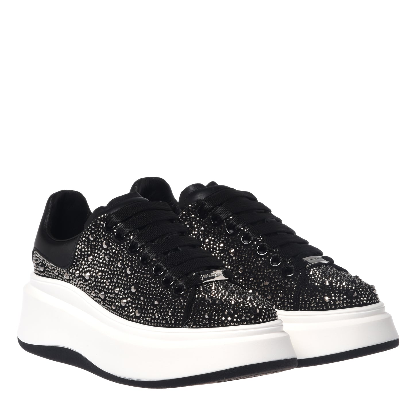 Black leather sneakers with rhinestones