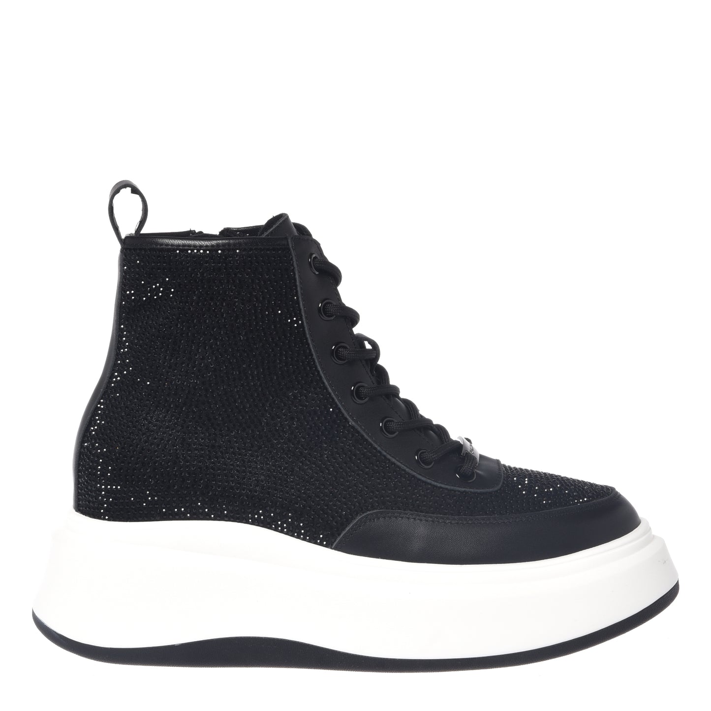 Rhinestone and black leather sneakers