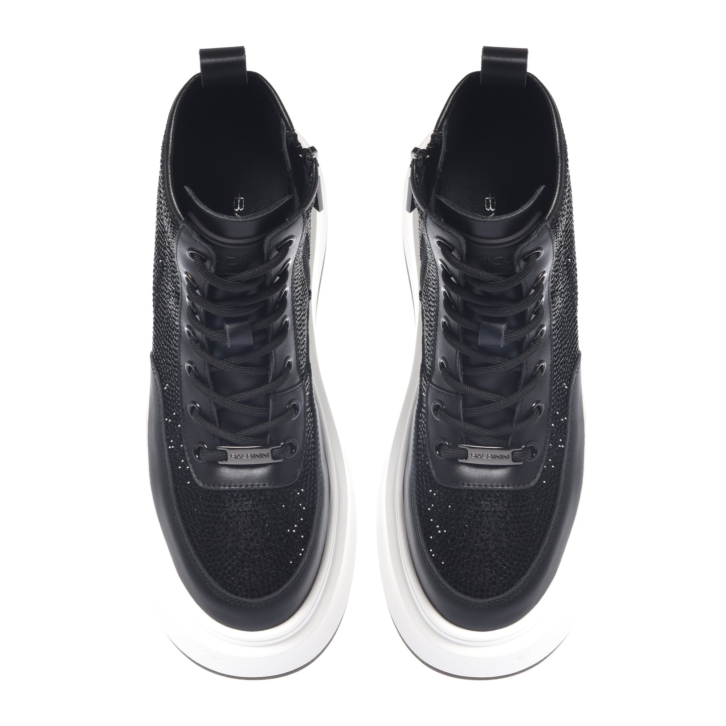 Rhinestone and black leather sneakers