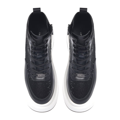 Rhinestone and black leather sneakers