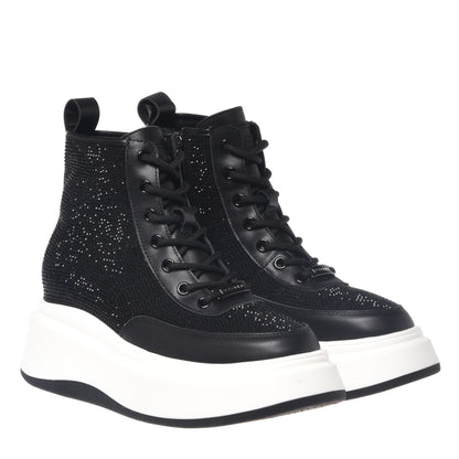 Rhinestone and black leather sneakers
