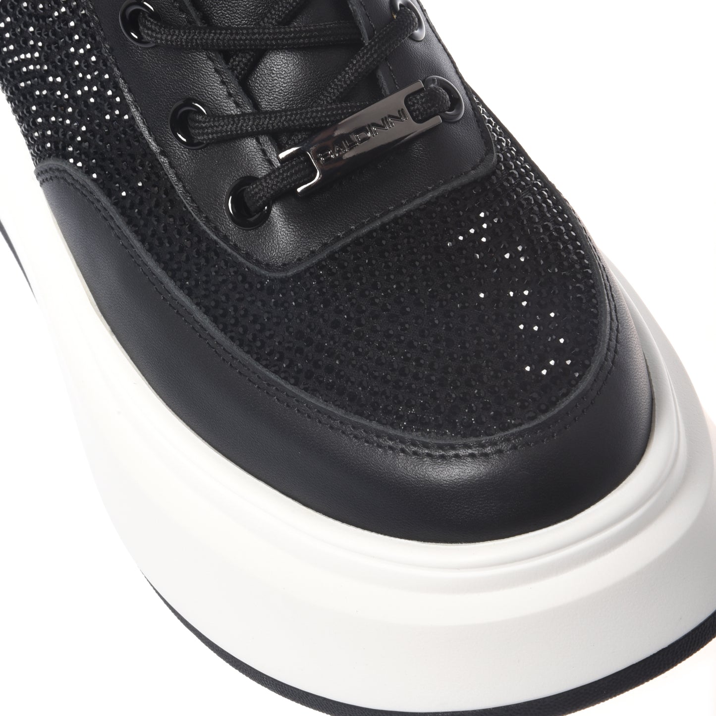 Rhinestone and black leather sneakers