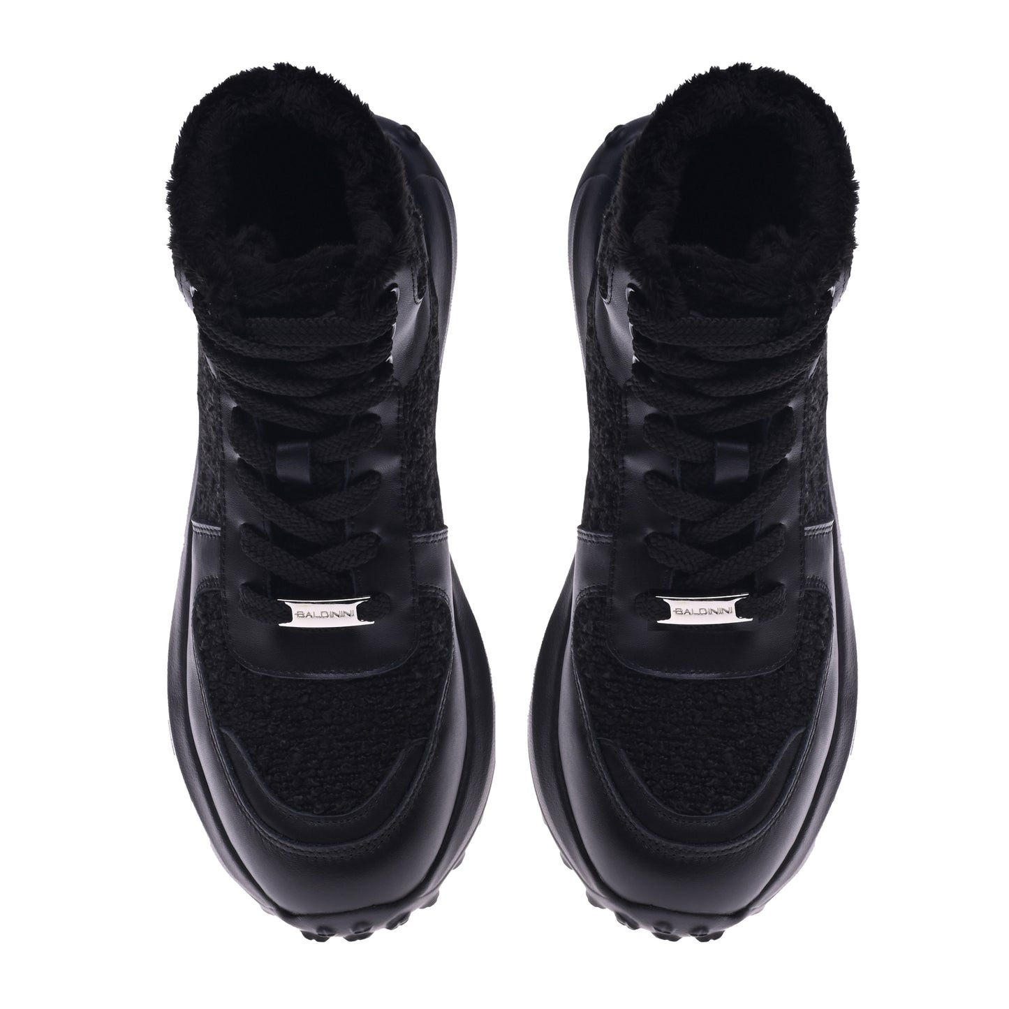 Black leather and black teddy fabric sneaker