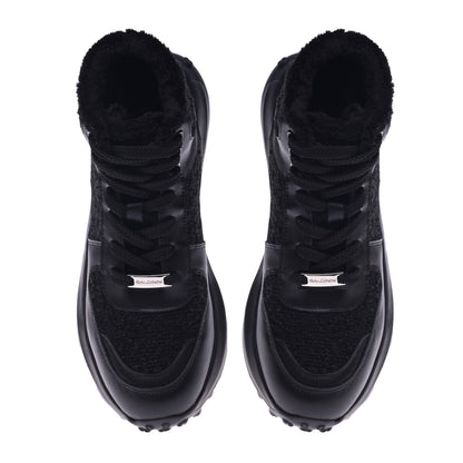Black leather and black teddy fabric sneaker