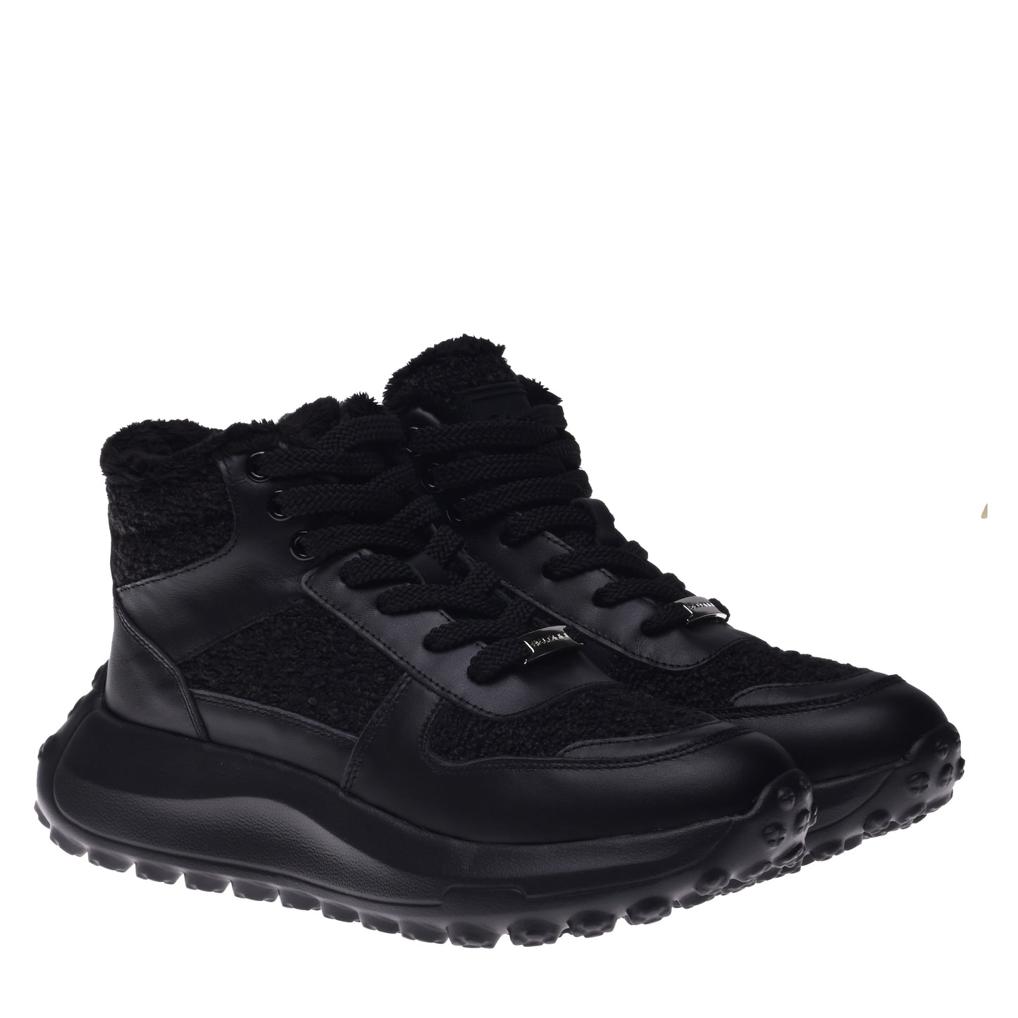 Black leather and black teddy fabric sneaker