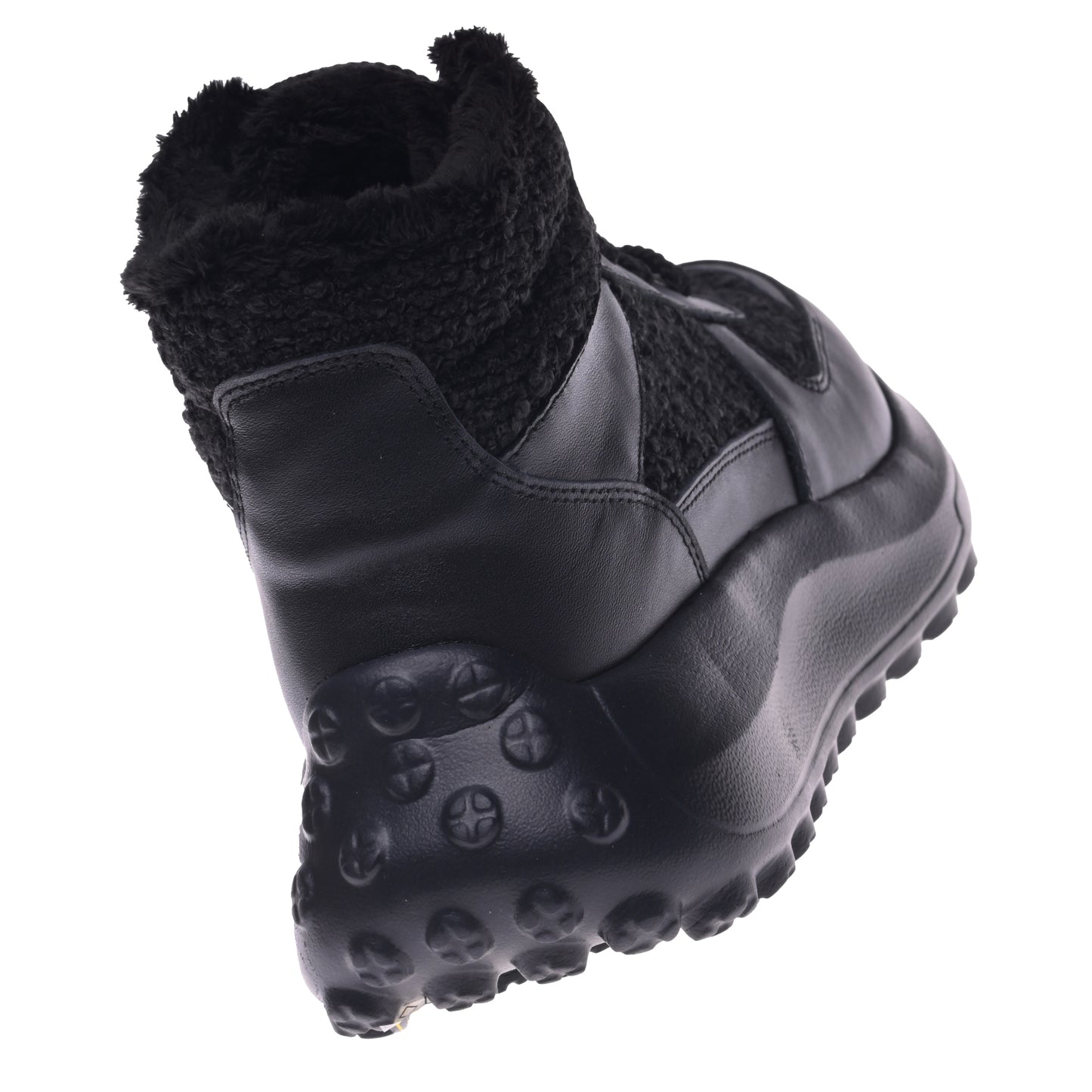 Black leather and black teddy fabric sneaker