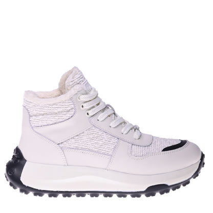 White leather and white teddy fabric sneaker