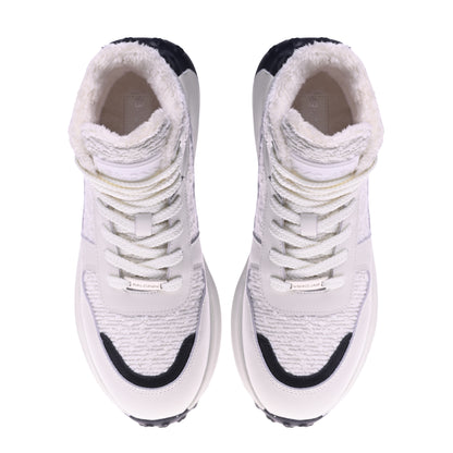 White leather and white teddy fabric sneaker