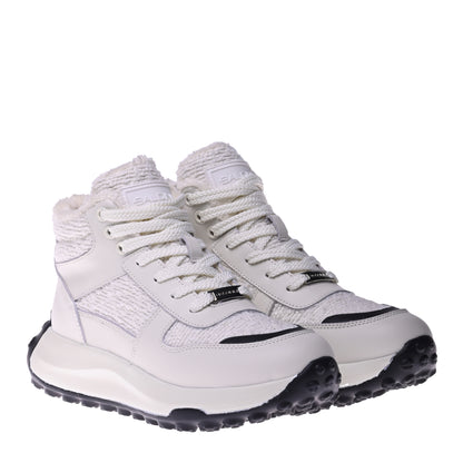 White leather and white teddy fabric sneaker