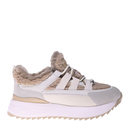 Sneakers in pelle scamosciata beige e montone eco-color