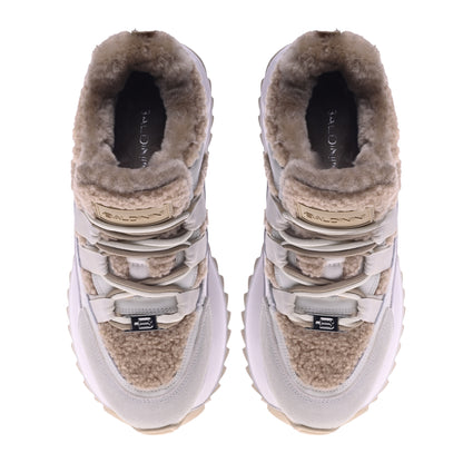 Sneakers in pelle scamosciata beige e montone eco-color
