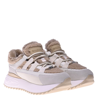 Sneakers in pelle scamosciata beige e montone eco-color