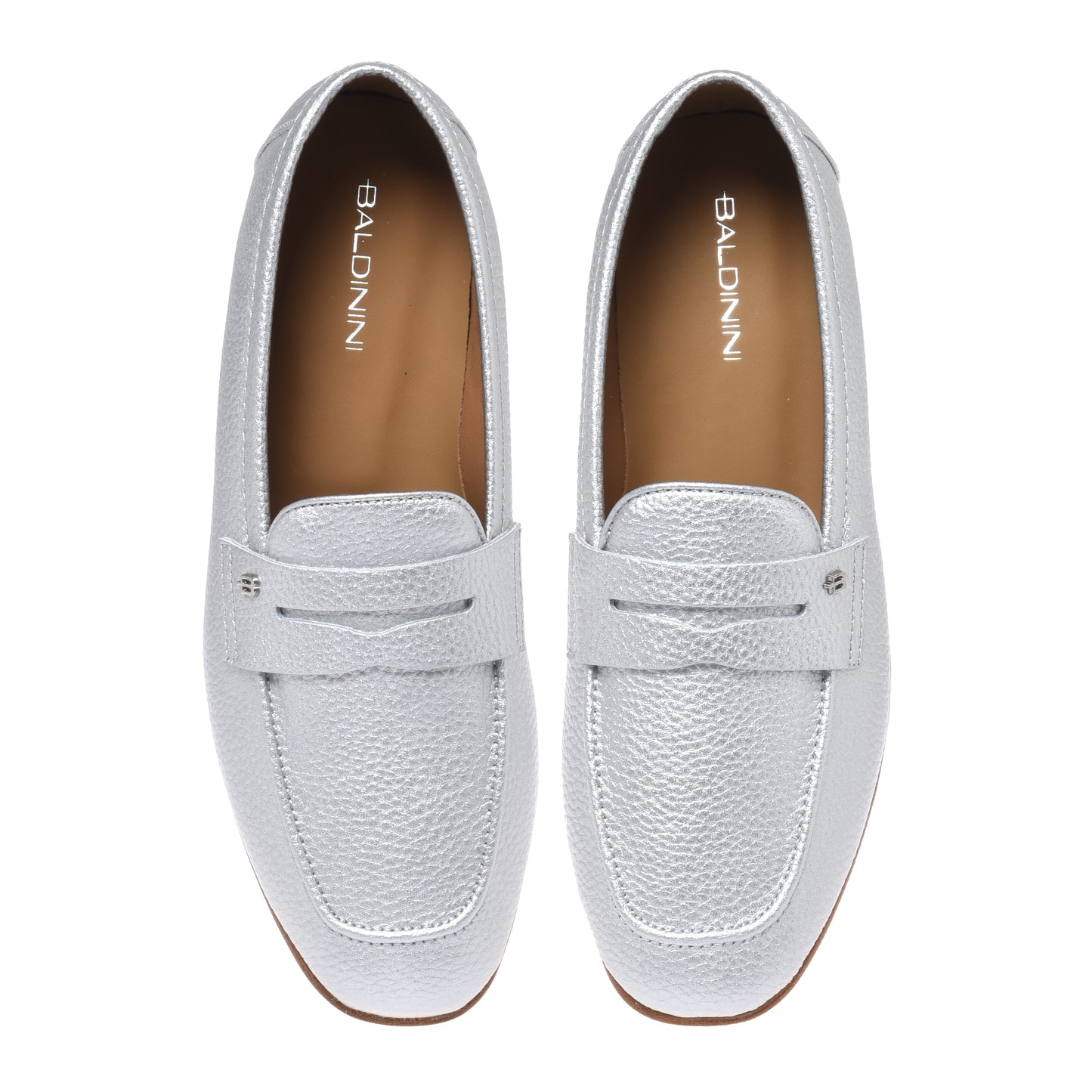 Silver laminated grained leather loafer