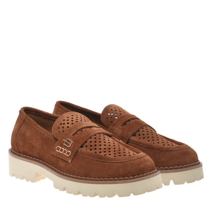 Brown perforated suede loafer
