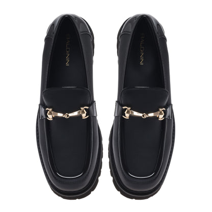Black leather and patent leather loafer