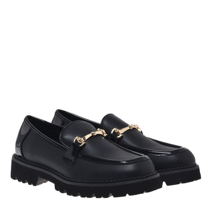 Black leather and patent leather loafer