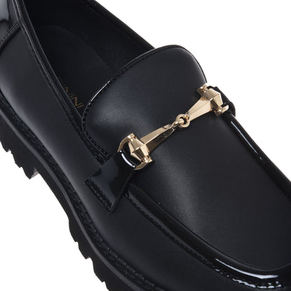 Black leather and patent leather loafer