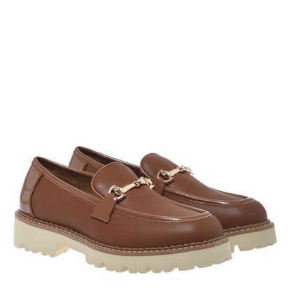 Brown leather and patent leather loafer