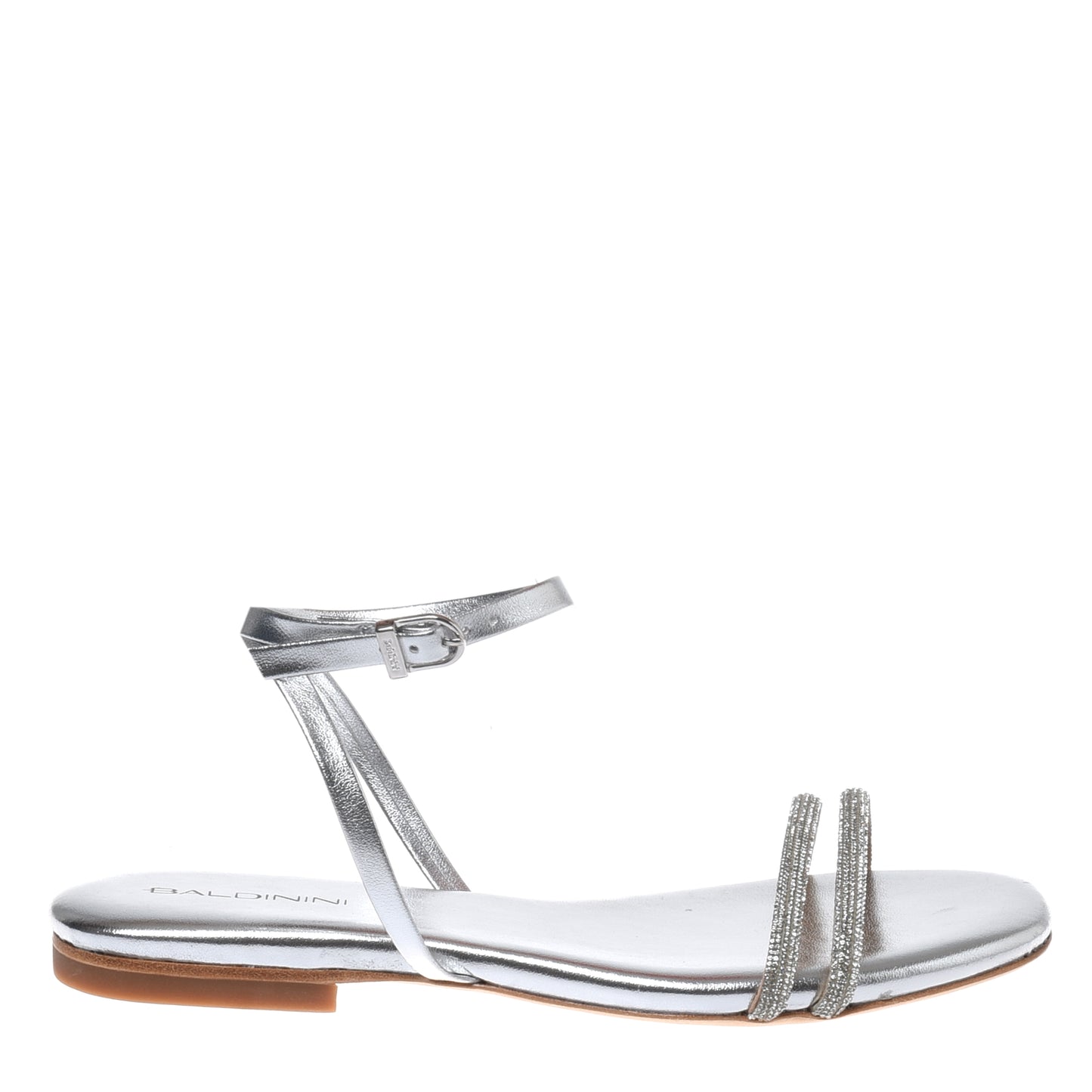 Sandale avec strass en éco-nappa laminé argent