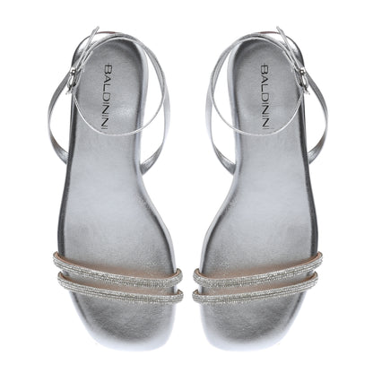 Sandale avec strass en éco-nappa laminé argent