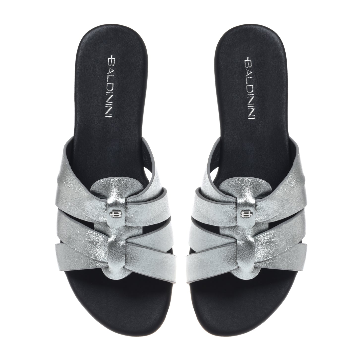 Laminated silver nappa leather mule