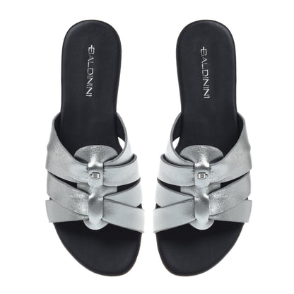 Laminated silver nappa leather mule