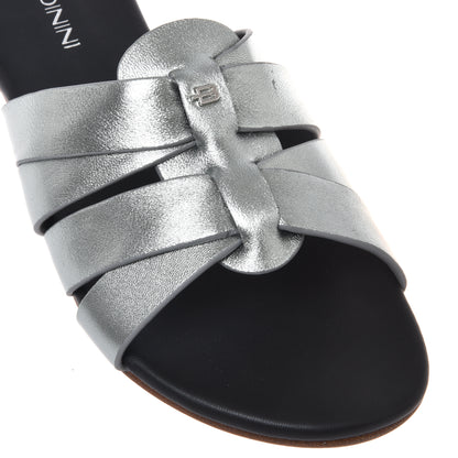 Laminated silver nappa leather mule