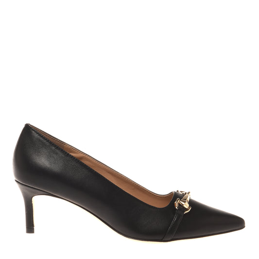 Black leather pumps