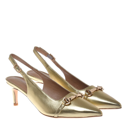 Slingback in pelle verniciata effetto specchio oro chiaro