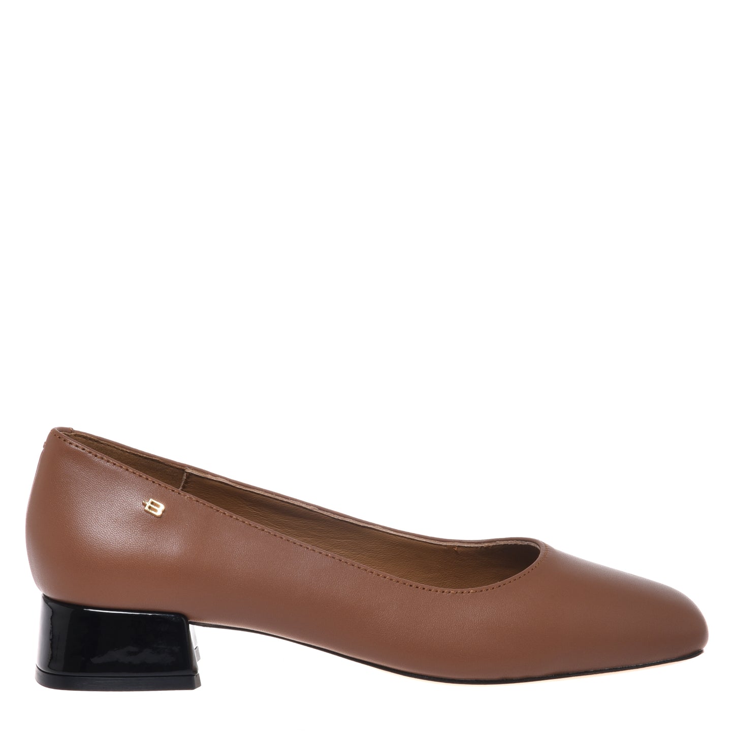 Brown leather and black patent leather court shoe