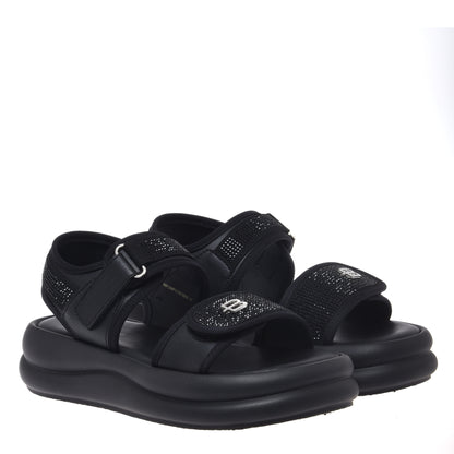 Black lycra sandal with rhinestones