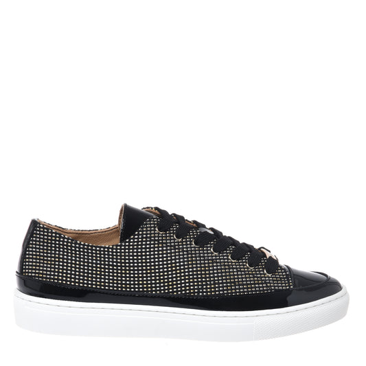 Black patent leather and raffia studded sneakers