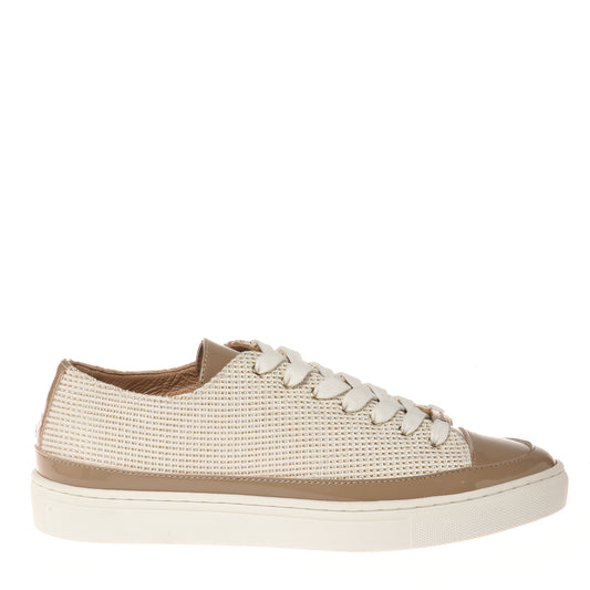 White patent leather and raffia studded sneakers