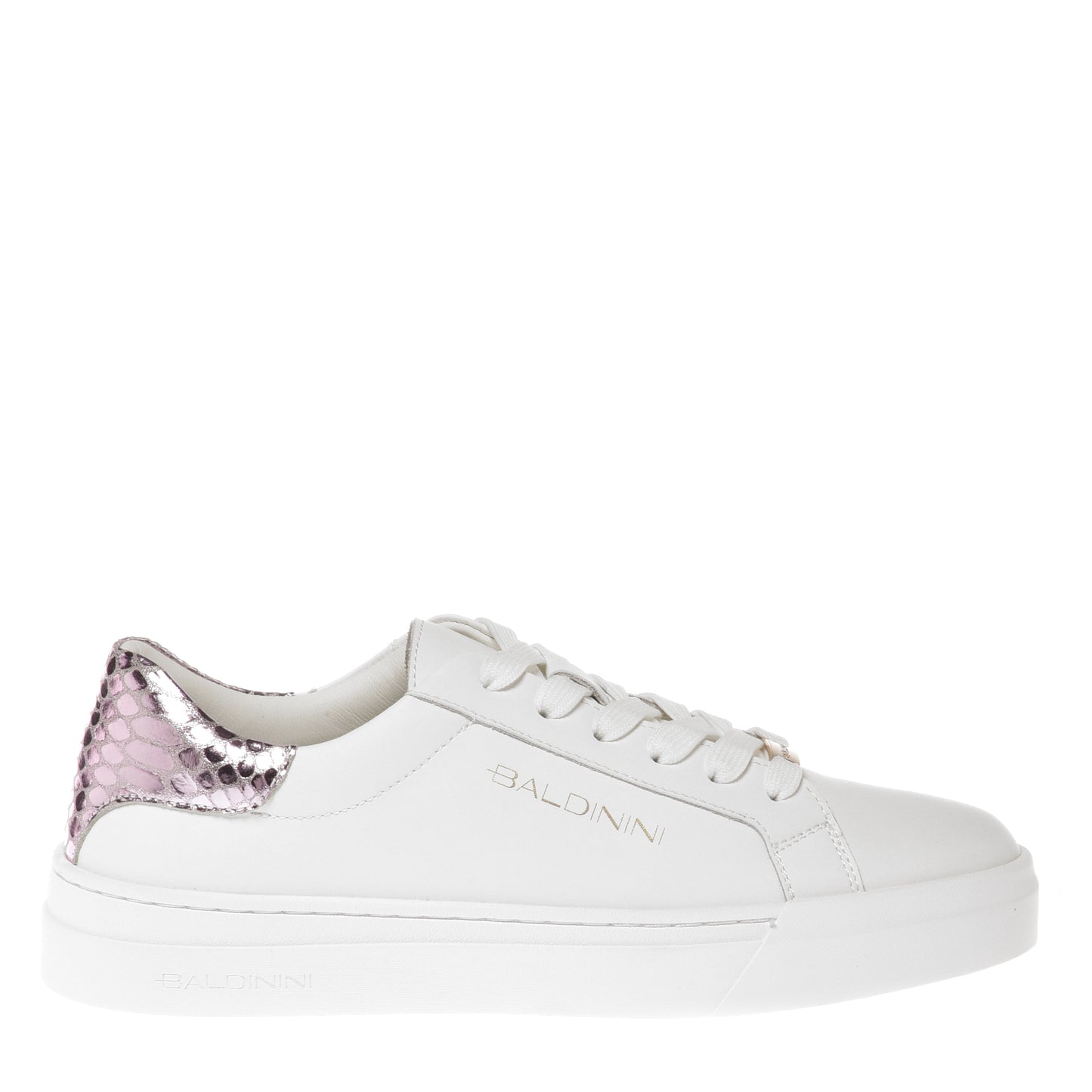 Sneaker in pelle e pelle laminata stampa pitone rosa
