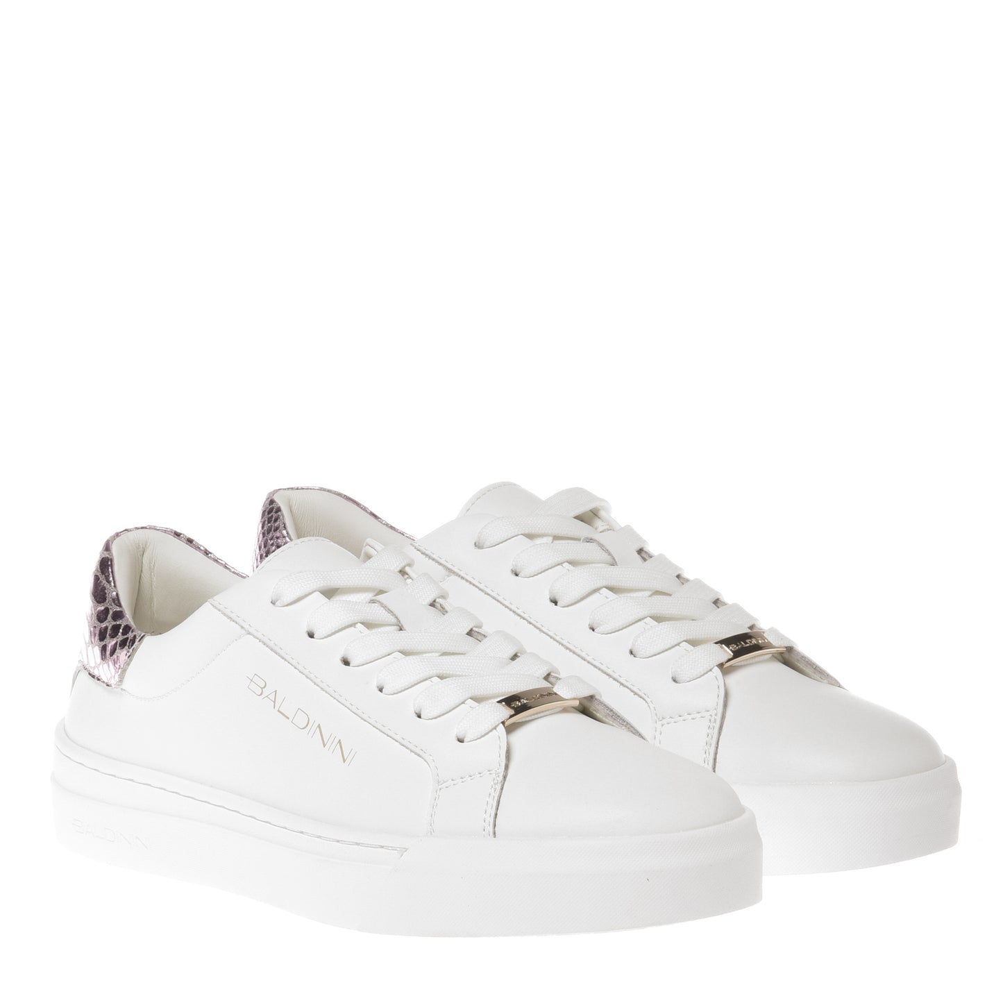 Sneaker in pelle e pelle laminata stampa pitone rosa