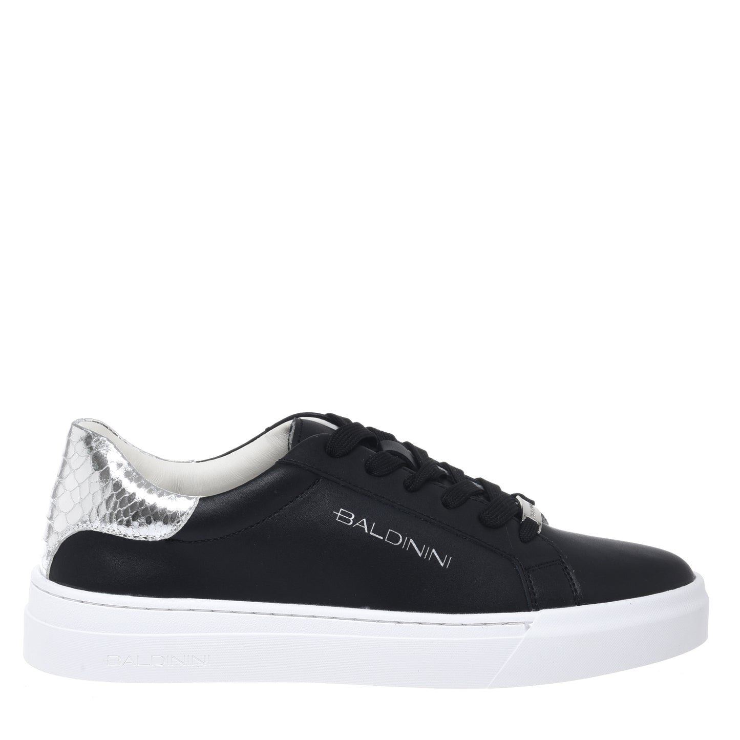 Sneaker en cuir et cuir laminé imprimé python argent