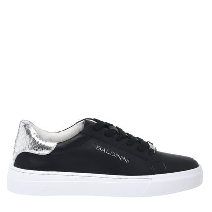 Sneaker en cuir et cuir laminé imprimé python argent