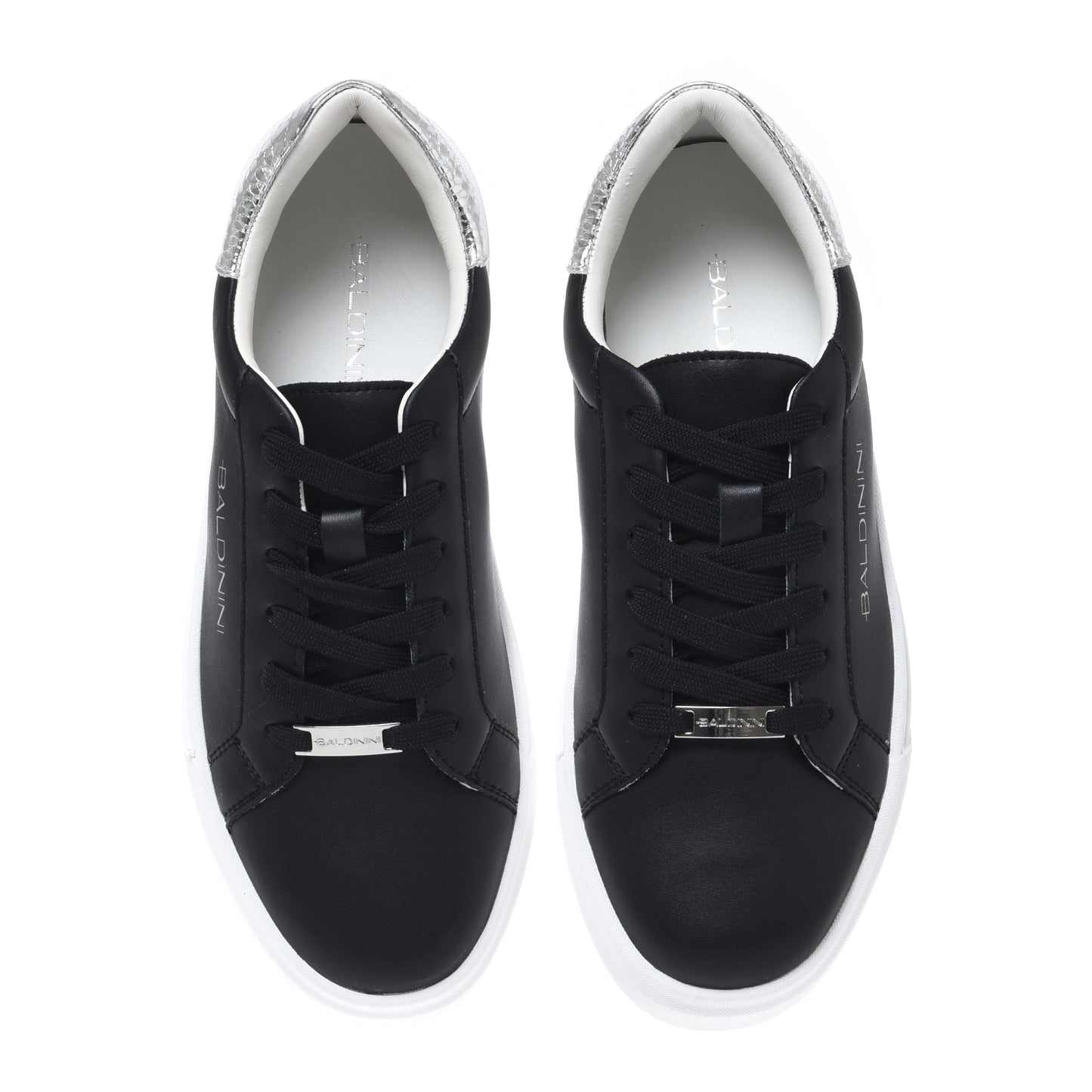 Sneaker en cuir et cuir laminé imprimé python argent