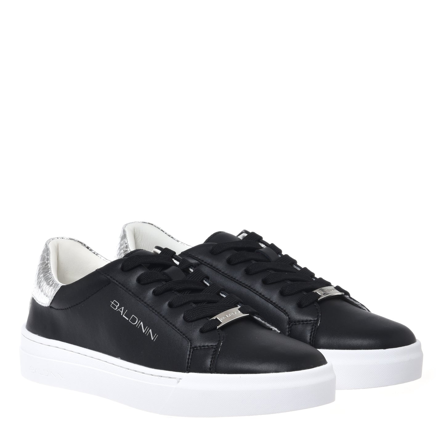 Sneaker en cuir et cuir laminé imprimé python argent