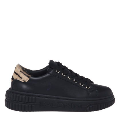 Black leather sneakers with a pony hair effect