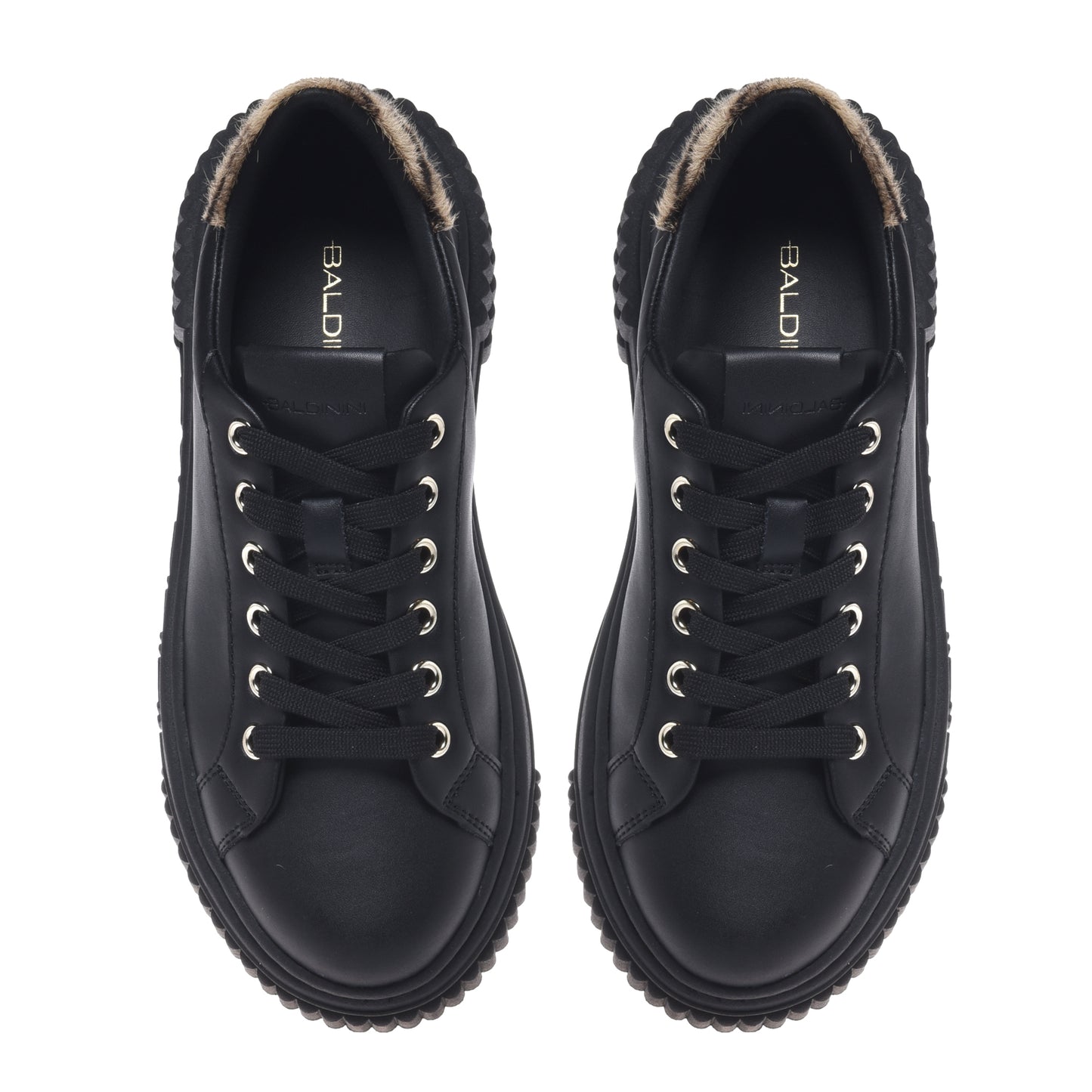 Black leather sneakers with a pony hair effect