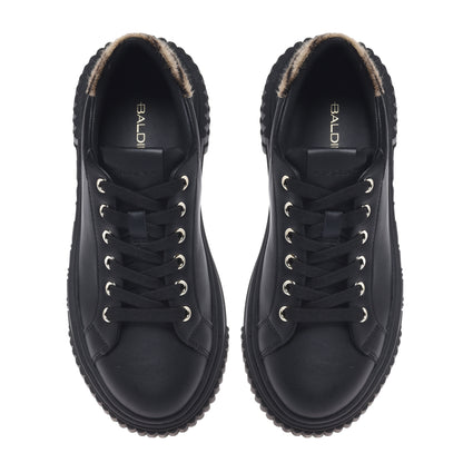 Black leather sneakers with a pony hair effect