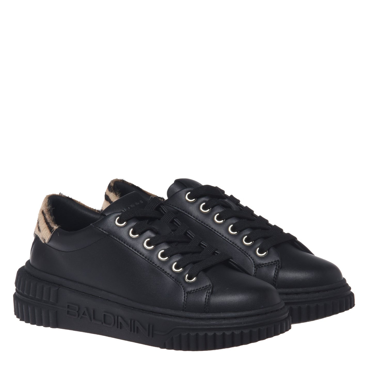 Black leather sneakers with a pony hair effect