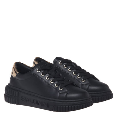 Black leather sneakers with a pony hair effect