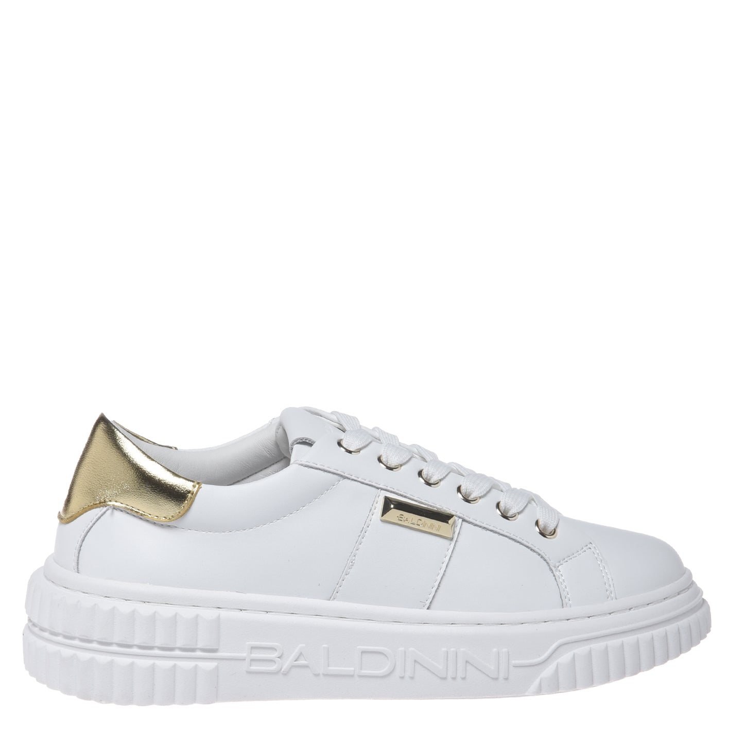White leather sneakers with light gold laminated leather inserts