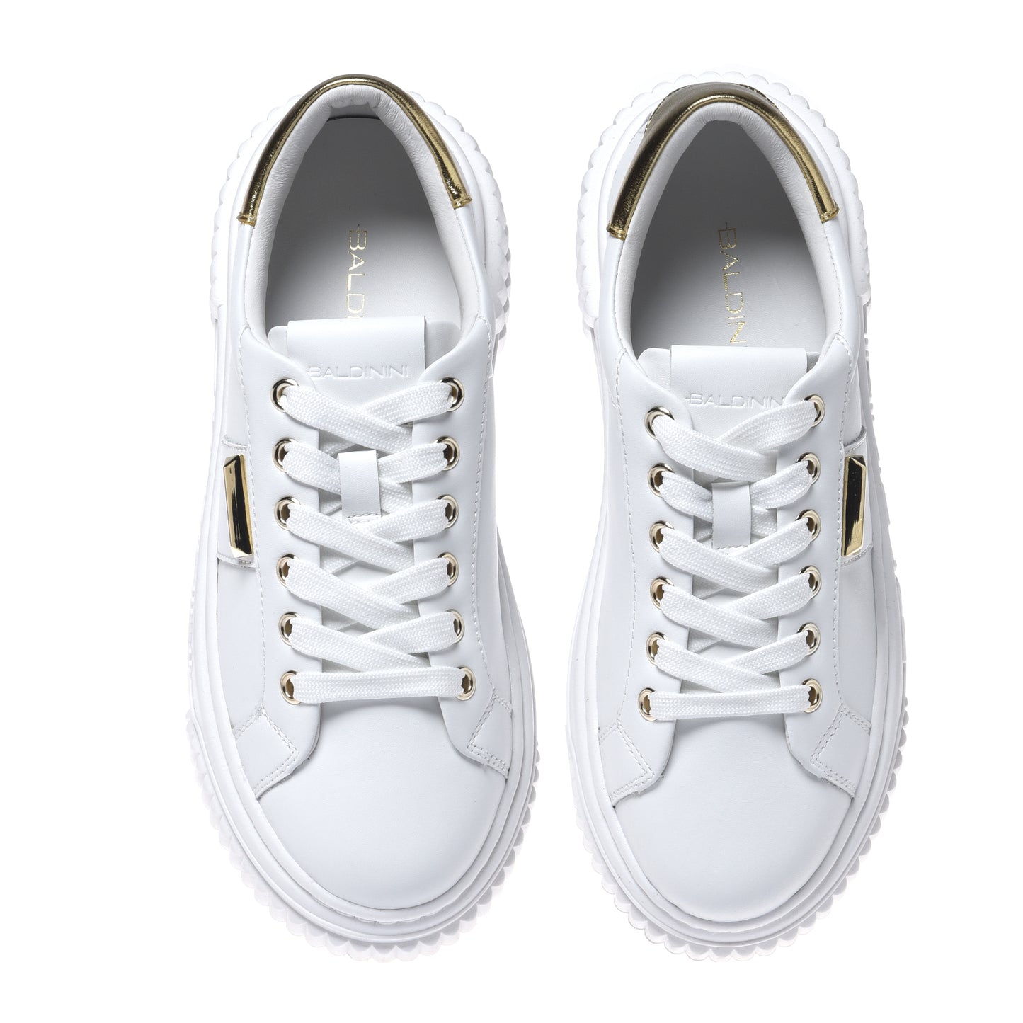 White leather sneakers with light gold laminated leather inserts