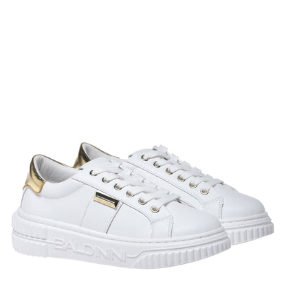 White leather sneakers with light gold laminated leather inserts
